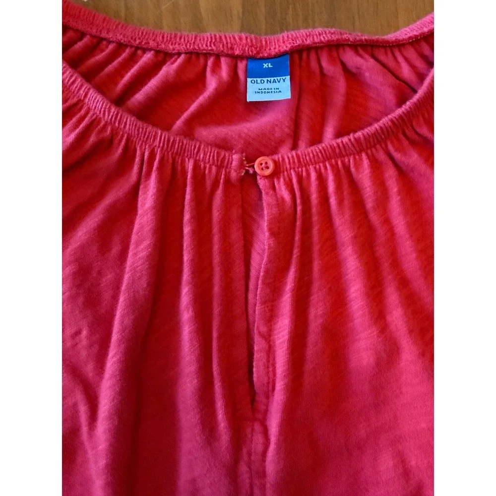 Old Navy Womens XL Faded Red Cotton Slub Puff Sleeve Keyhole Blouse Top